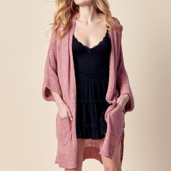 LONG SLEEVE SIDE SLITS POCKETS CARDIGAN Pink - Picture 1 of 8